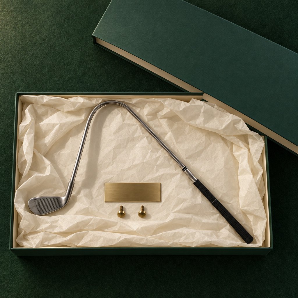 A Fore Iron in a long green gift box with its brass plate and wall pegs
