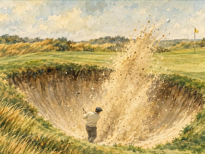 A watercolor of a golfer blasting out of a deep bunker