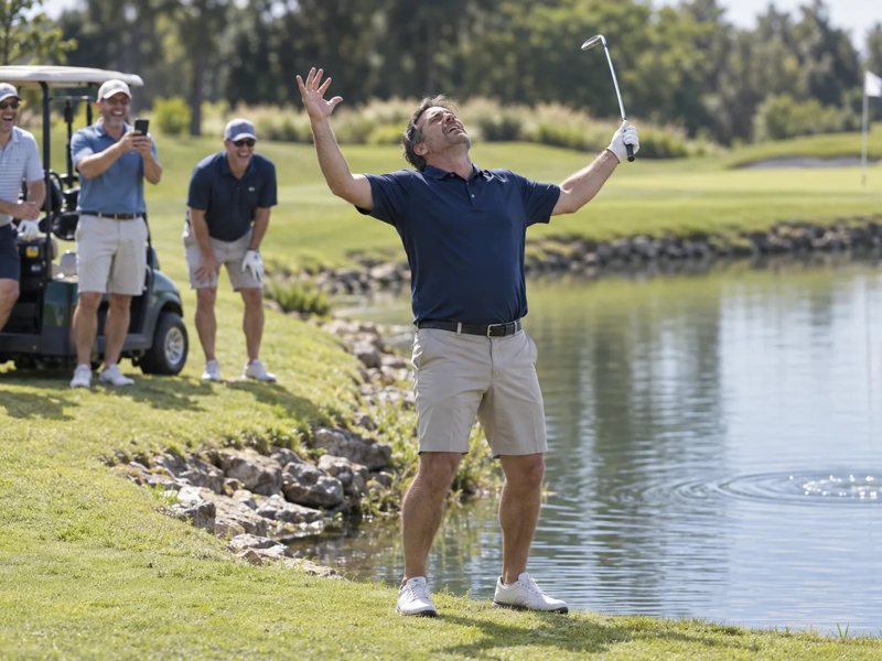 A golfer throwing his arms up at the pond while his friends film